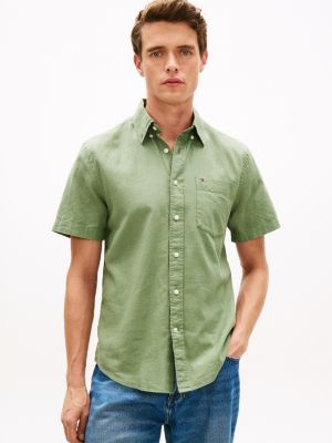 Regular Fit Dyed Cotton-Linen Shirt, Desert Olive