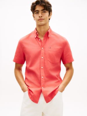 Regular Fit Dyed Cotton-Linen Shirt, Vintage Coral