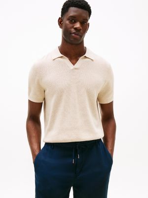 Chandail polo en maille à tissage ouvert, beige chiné