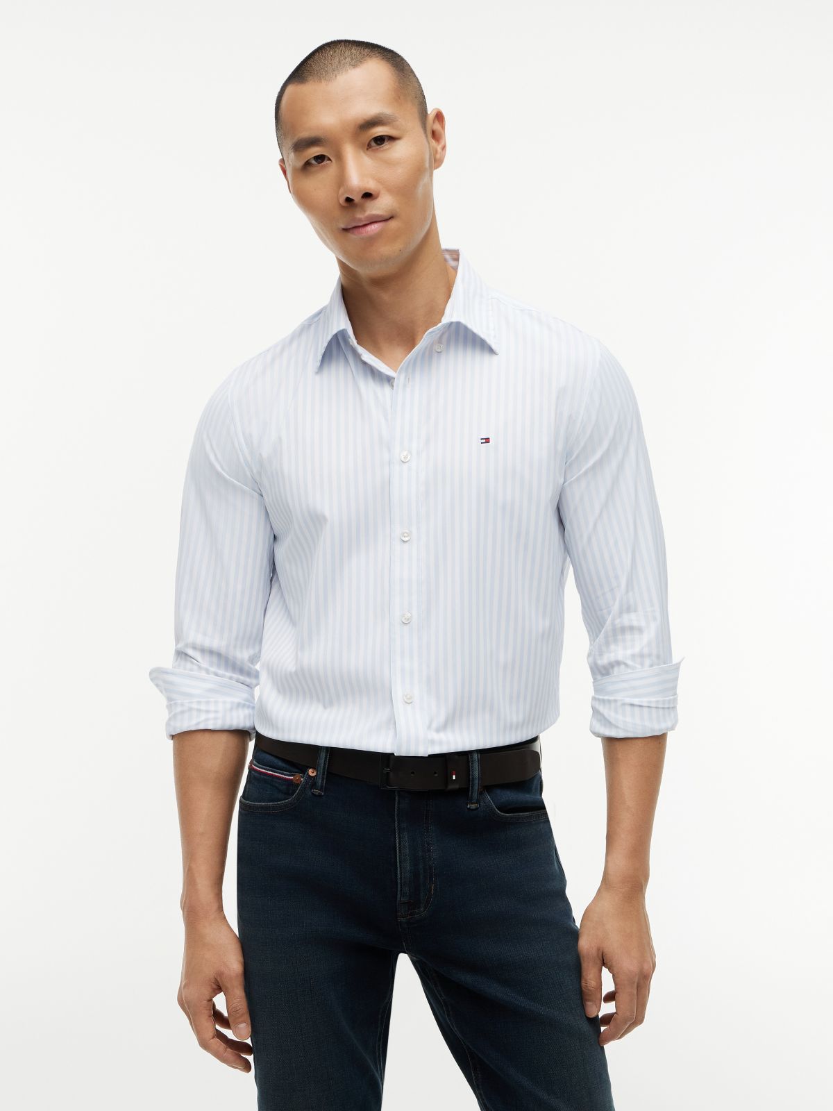 Regular Fit Striped TH Performance Shirt — Sky Blue/White Stripe