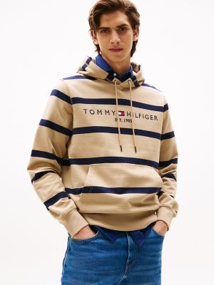 Tommy Logo Stripe Hoodie, Beige/Navy Stripe