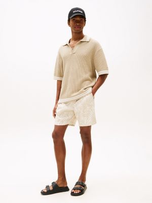 7Short de po en lin et coton extensible à imprimé de palmiers, beige classique