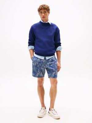 7" Palm Print Stretch Cotton-Linen Short, Faded Indigo