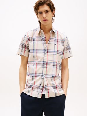 Regular Fit Madras Stretch-Poplin Shirt, Classic Beige