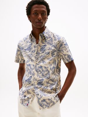 Slim Fit Tropical Stretch Poplin Shirt, Classic Beige
