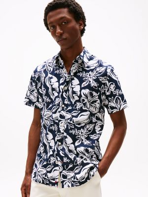 Slim Fit Tropical Stretch Poplin Shirt, Navy