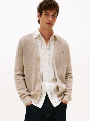 Cotton Mesh-Knit Cardigan, Stone