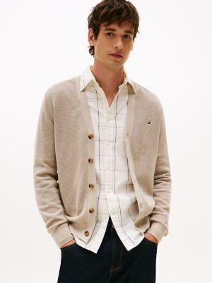 Cotton Mesh-Knit Cardigan, Stone