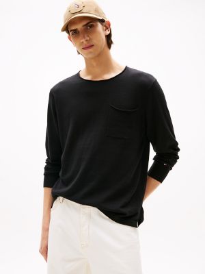 Cotton-Linen Pocket T-Shirt Sweater, Black