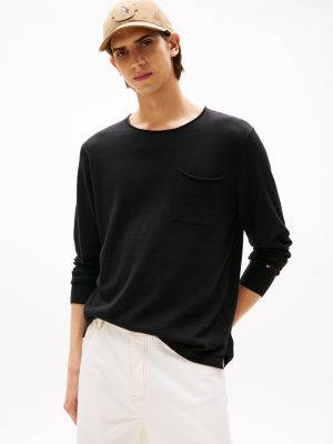 Cotton-Linen Pocket T-Shirt Sweater, Black
