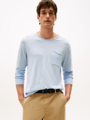 Cotton-Linen Pocket T-Shirt Sweater, Breezy Blue