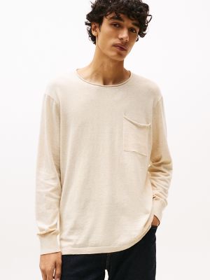 Cotton-Linen Pocket T-Shirt Sweater, Beige Heather