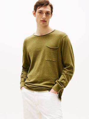 Cotton-Linen Pocket T-Shirt Sweater, Uniform Olive