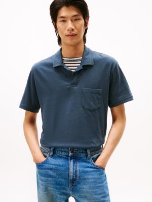 Regular Fit Linen-Blend Pocket Polo, Military Denim
