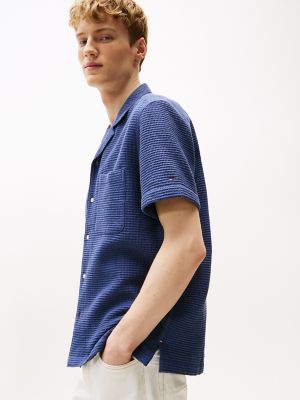 Waffle-Texture Camp Shirt, Faded Indigo