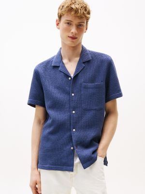 Waffle-Texture Camp Shirt, Faded Indigo