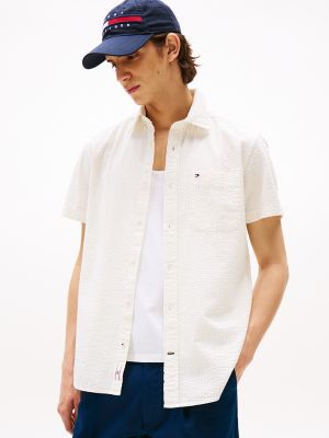 Regular Fit Stripe Seersucker Camp Shirt, Classic Beige Stripe