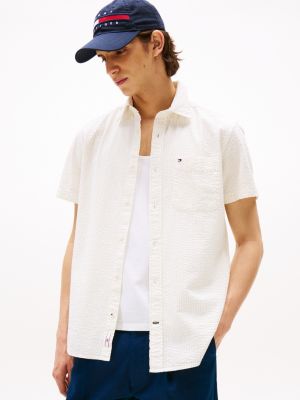 Regular Fit Stripe Seersucker Camp Shirt, Classic Beige Stripe
