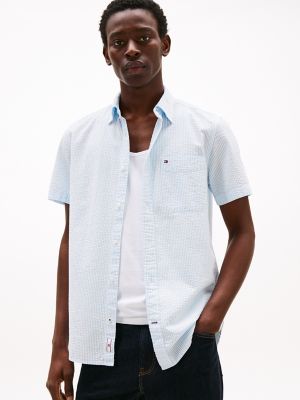 Regular Fit Stripe Seersucker Camp Shirt, Vessel Blue Stripe