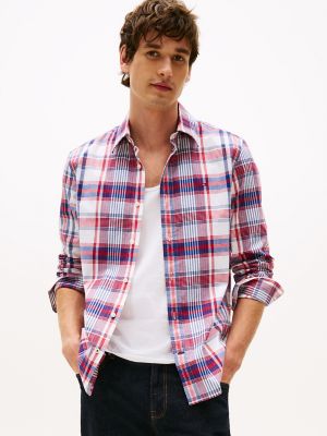 Regular Fit Plaid Stretch Poplin Shirt, Primary Red