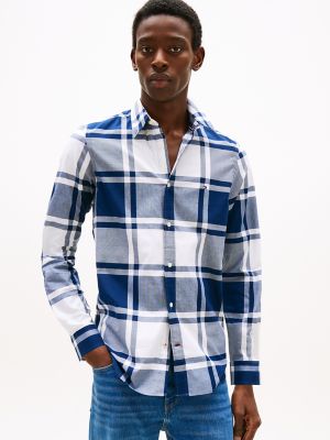 Slim Fit Bold Plaid Stretch Poplin Shirt, Carbon Navy/Optic White