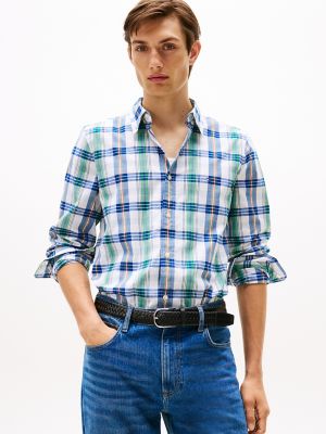 Slim Fit Madras Stretch Poplin Shirt, Optic White/Blue Multi