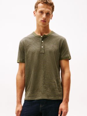 Slub Cotton Striped Short-Sleeve Henley, Utility Olive Stripe