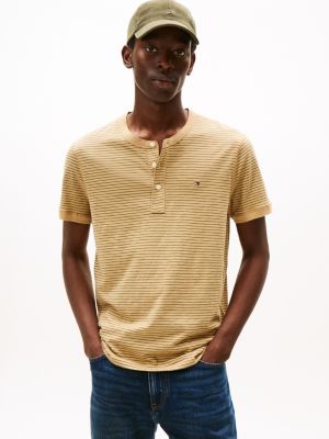 Slub Cotton Striped Short-Sleeve Henley, Classic Khaki Stripe