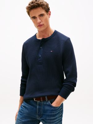 Long-Sleeve Waffle-Knit Henley T-Shirt, Navy