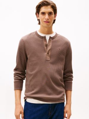 Long-Sleeve Waffle-Knit Henley T-Shirt, Hot Coco