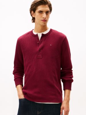 Long-Sleeve Waffle-Knit Henley T-Shirt, Deep Rouge