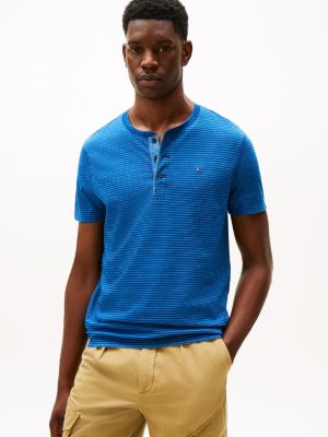 Striped Short-Sleeve Henley, Medium Light Indigo
