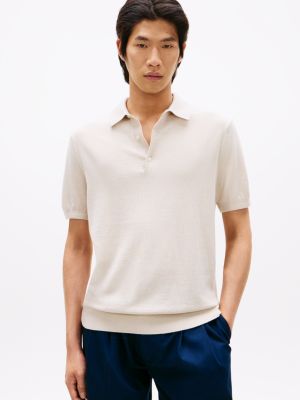 Short-Sleeve Wool-Blend Sweater Polo, Classic Beige