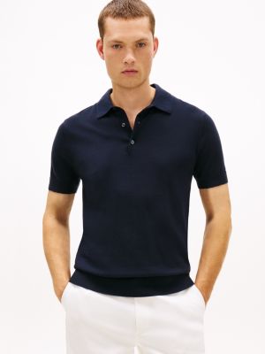 Short-Sleeve Wool-Blend Sweater Polo, Navy