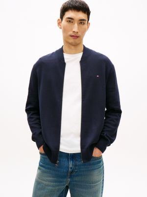 Cotton Zip Baseball Cardigan, Navy