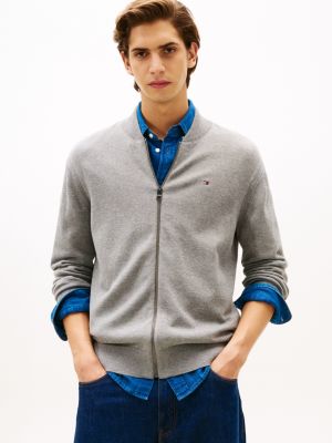 Cotton Zip Baseball Cardigan, Medium Grey Heather