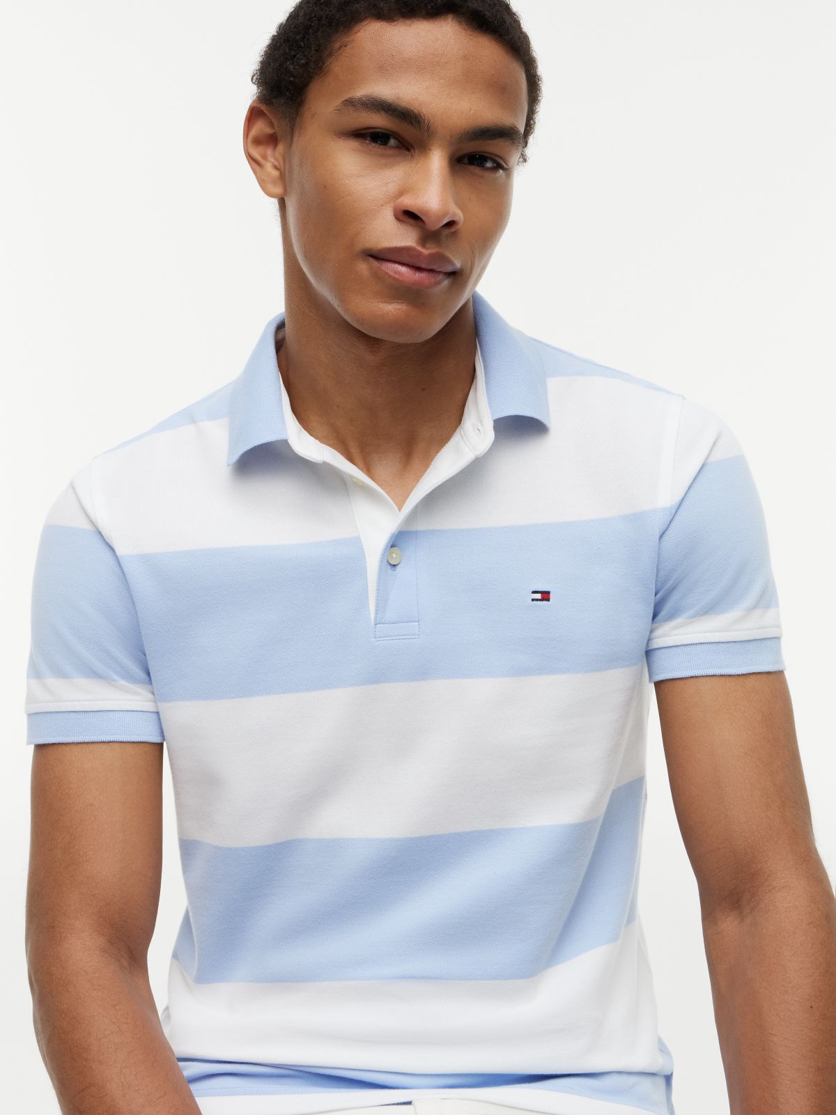 Slim Fit Rugby Stripe Polo — Light Blue/White Stripe