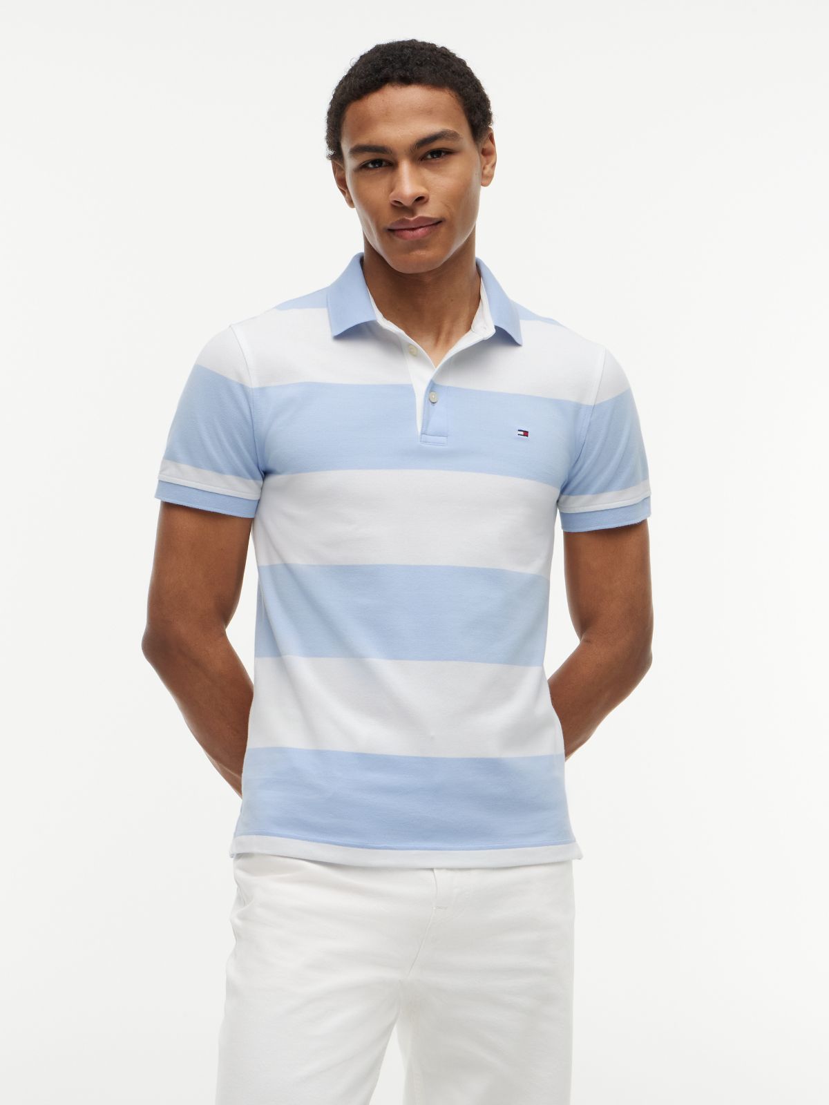 Slim Fit Rugby Stripe Polo — Light Blue/White Stripe