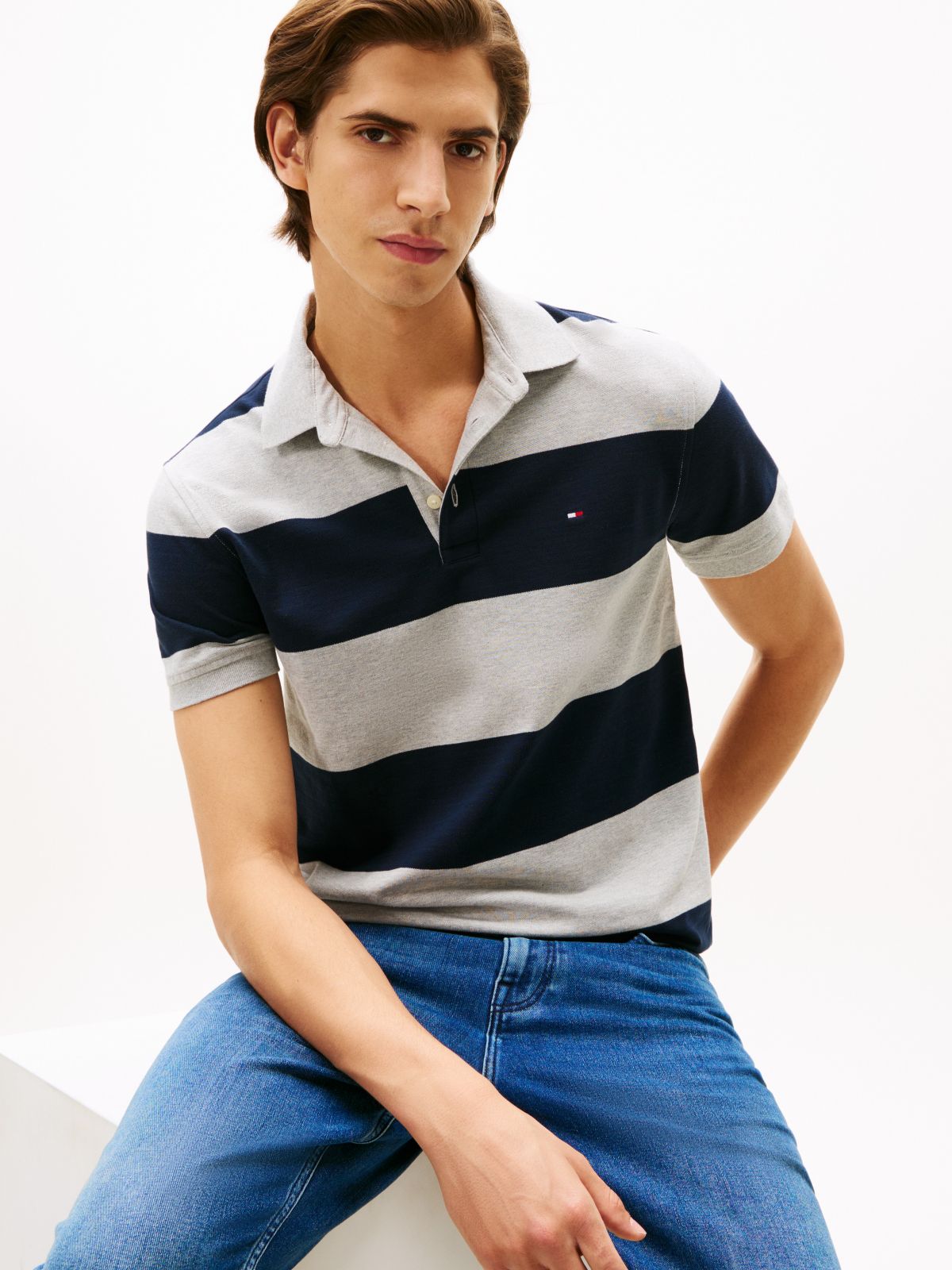 Slim Fit Rugby Stripe Polo — Grey Heather/Navy Stripe