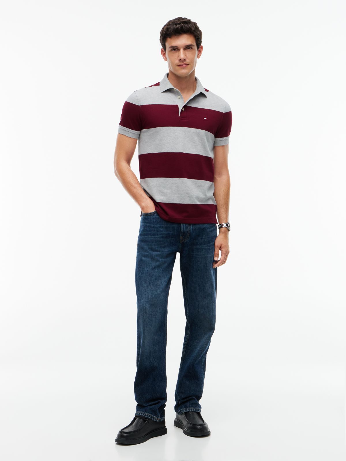 Slim Fit Rugby Stripe Polo — Grey Heather