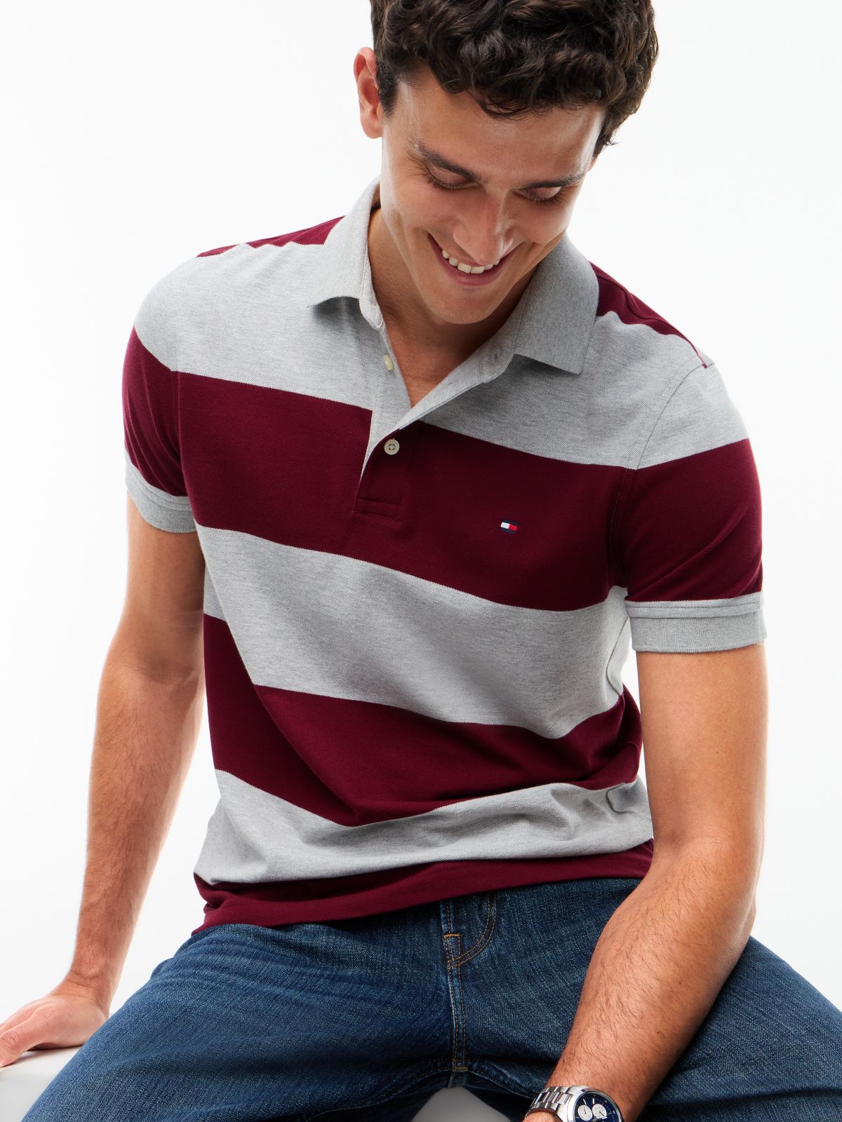 Slim Fit Rugby Stripe Polo — Grey Heather