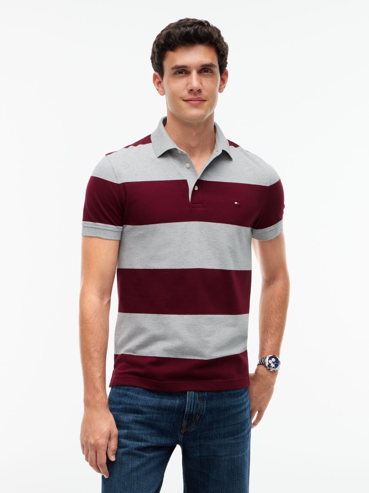 Slim Fit Rugby Stripe Polo — Grey Heather