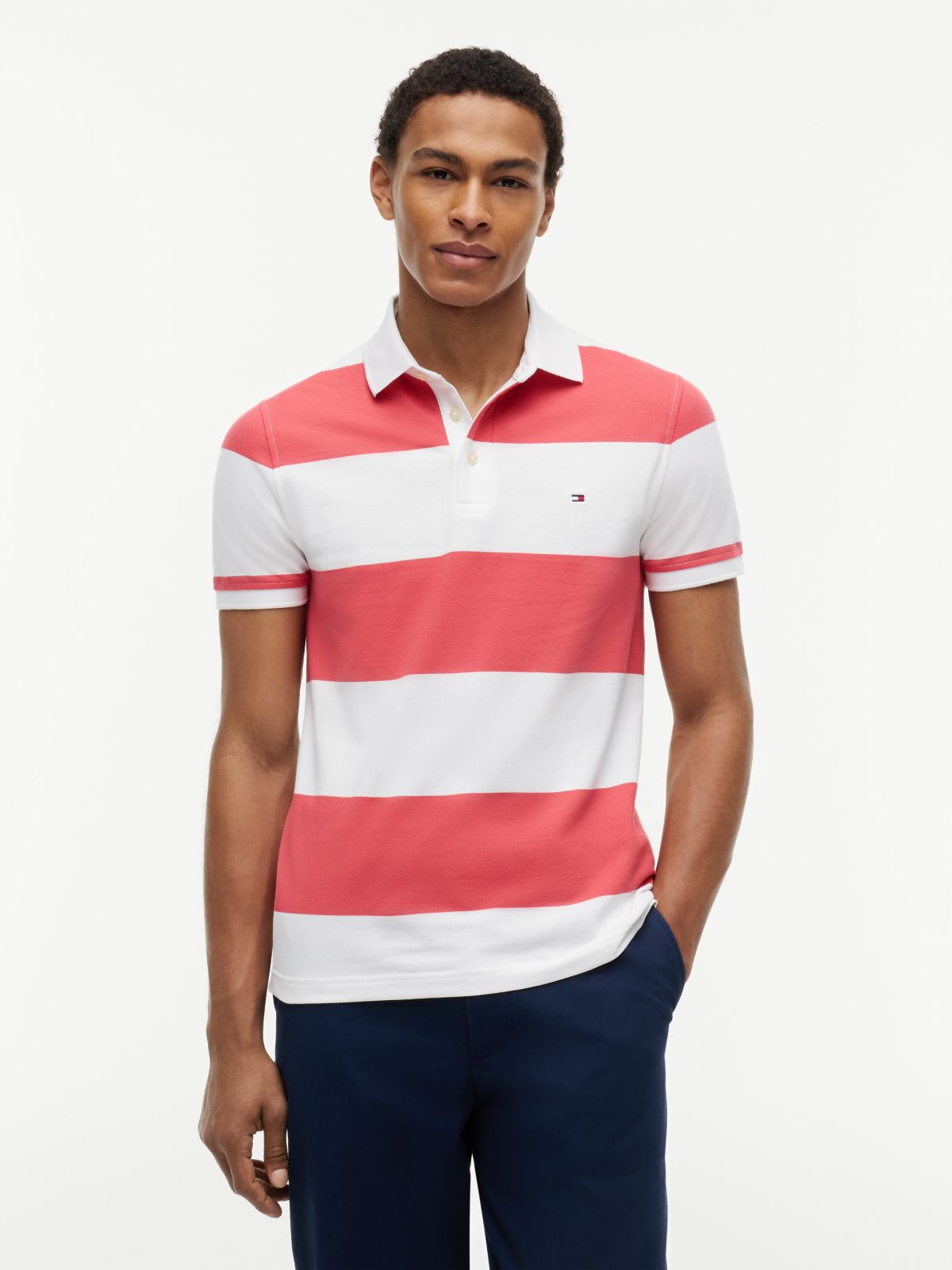 Slim Fit Rugby Stripe Polo — Coral