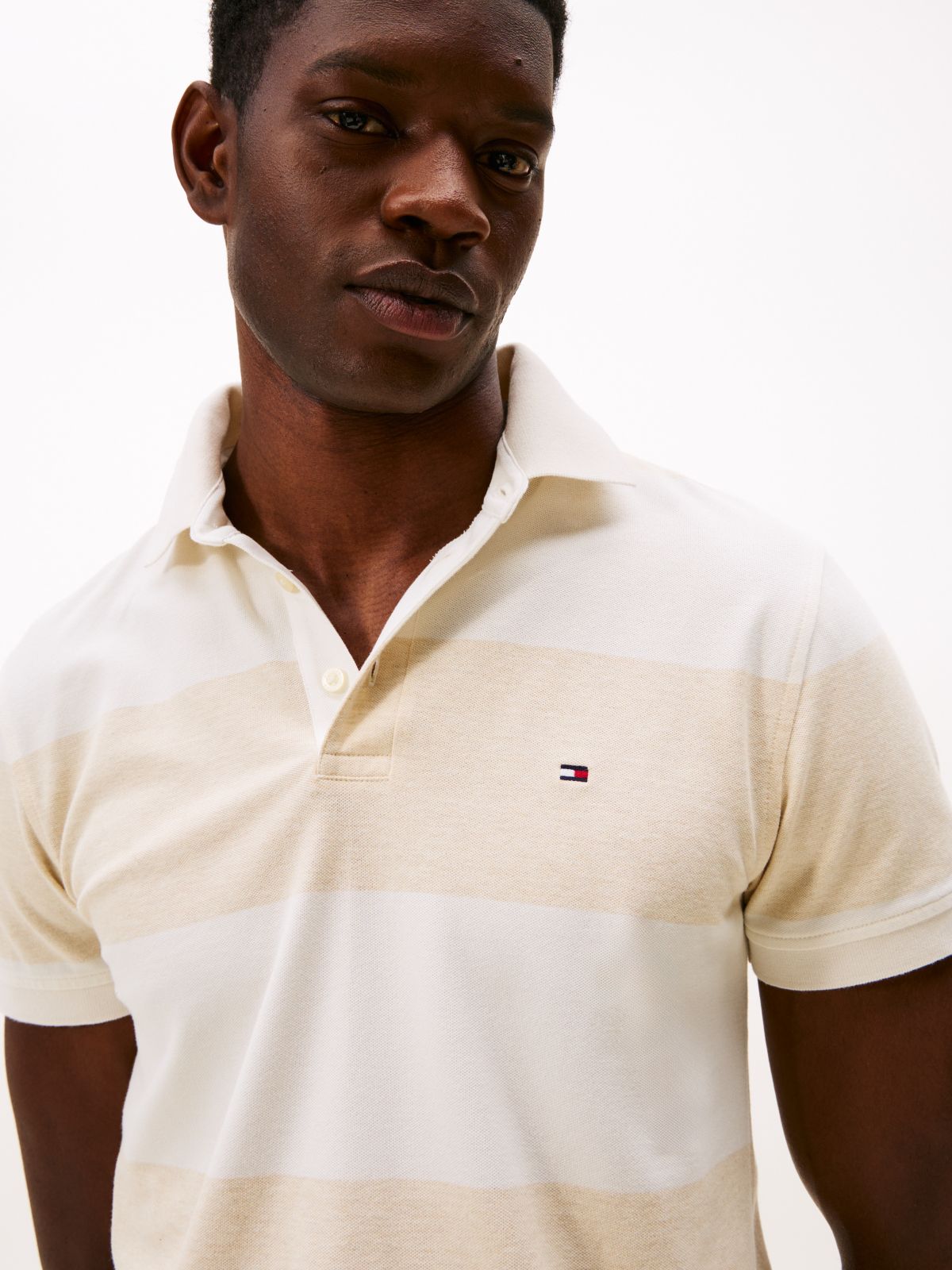 Slim Fit Rugby Stripe Polo — Beige/White Stripe