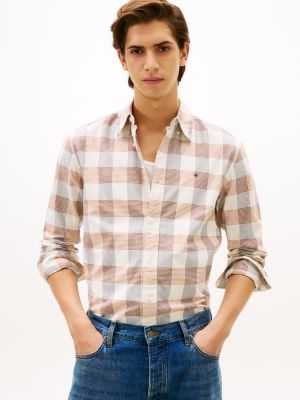 Regular Fit Plaid Stretch Oxford Shirt, Ivory