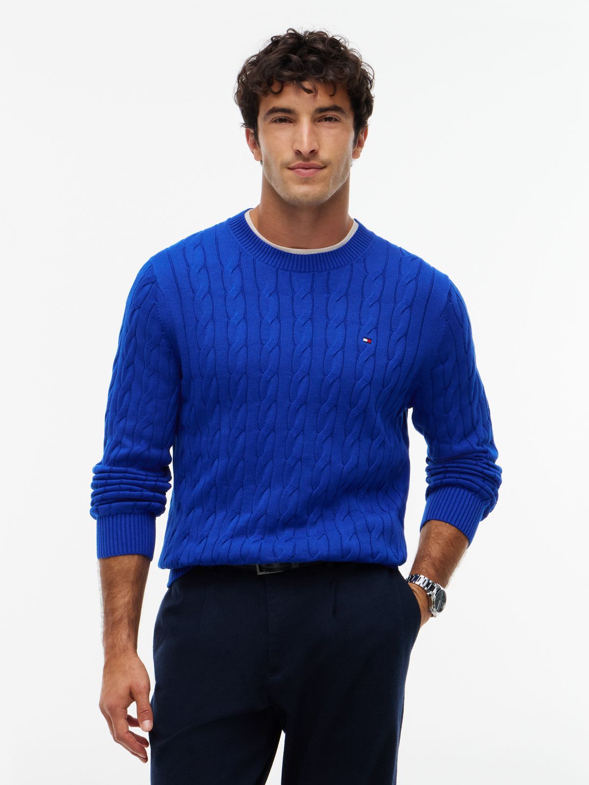 Cable Knit Crewneck Sweater — Cobalt