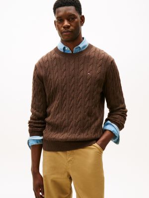 Cable Knit Crewneck Sweater, Brown Heather