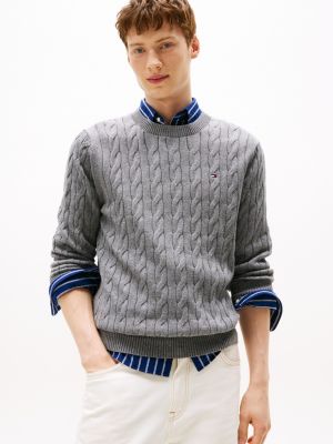 Cable Knit Crewneck Sweater, Grey Heather