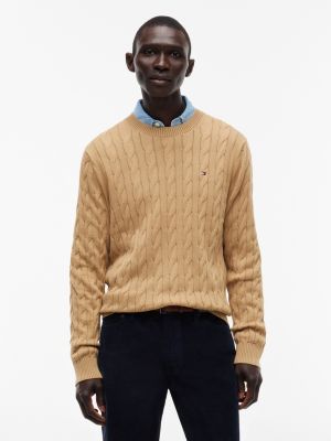 Cable Knit Crewneck Sweater, Classic Khaki