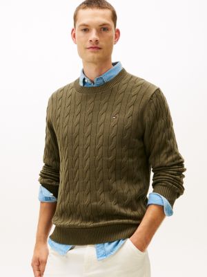 Cable Knit Crewneck Sweater, Army Green
